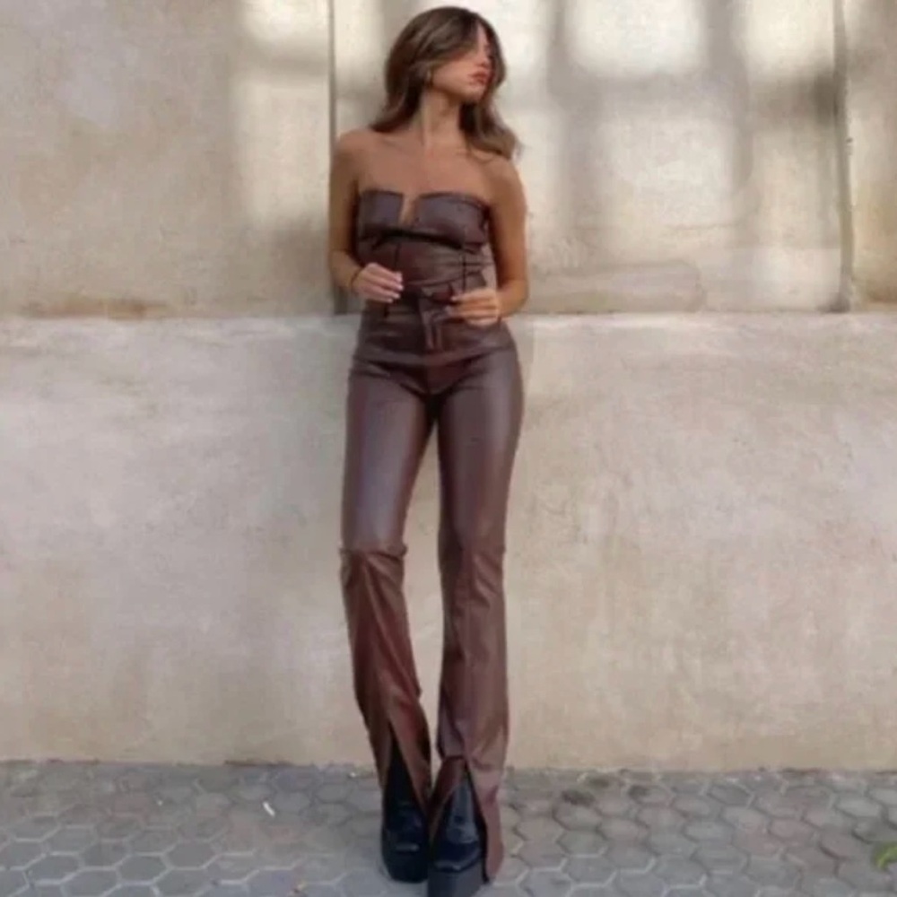 Zara Faux Leather Brown Flare Pants - Picture 2 of 7